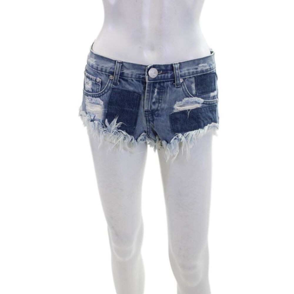 One by One Teaspoon Womens Cotton Distressed Patchwork Denim Shorts Blue Size 25